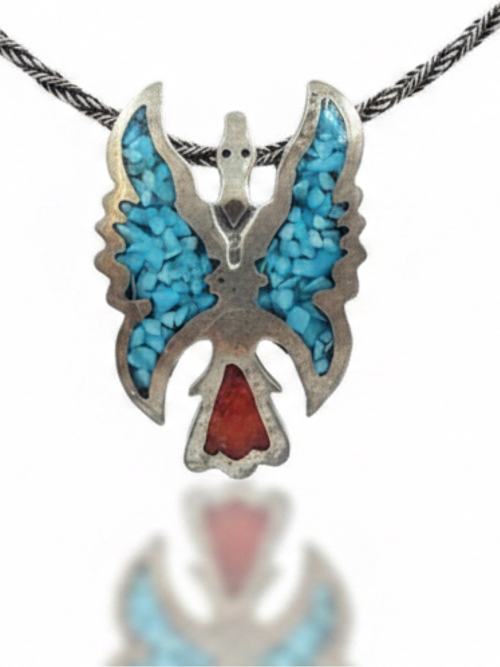 Vintage Navajo Sterling Silver Turquoise Coral Peyote Waterbird Necklace Signed